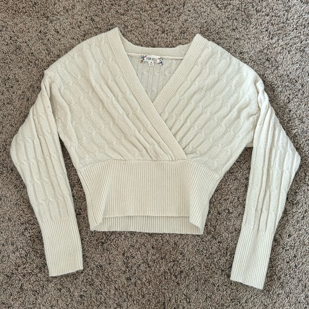 Pink Rose Cream V Neck Cropped Cable Knit Sweater